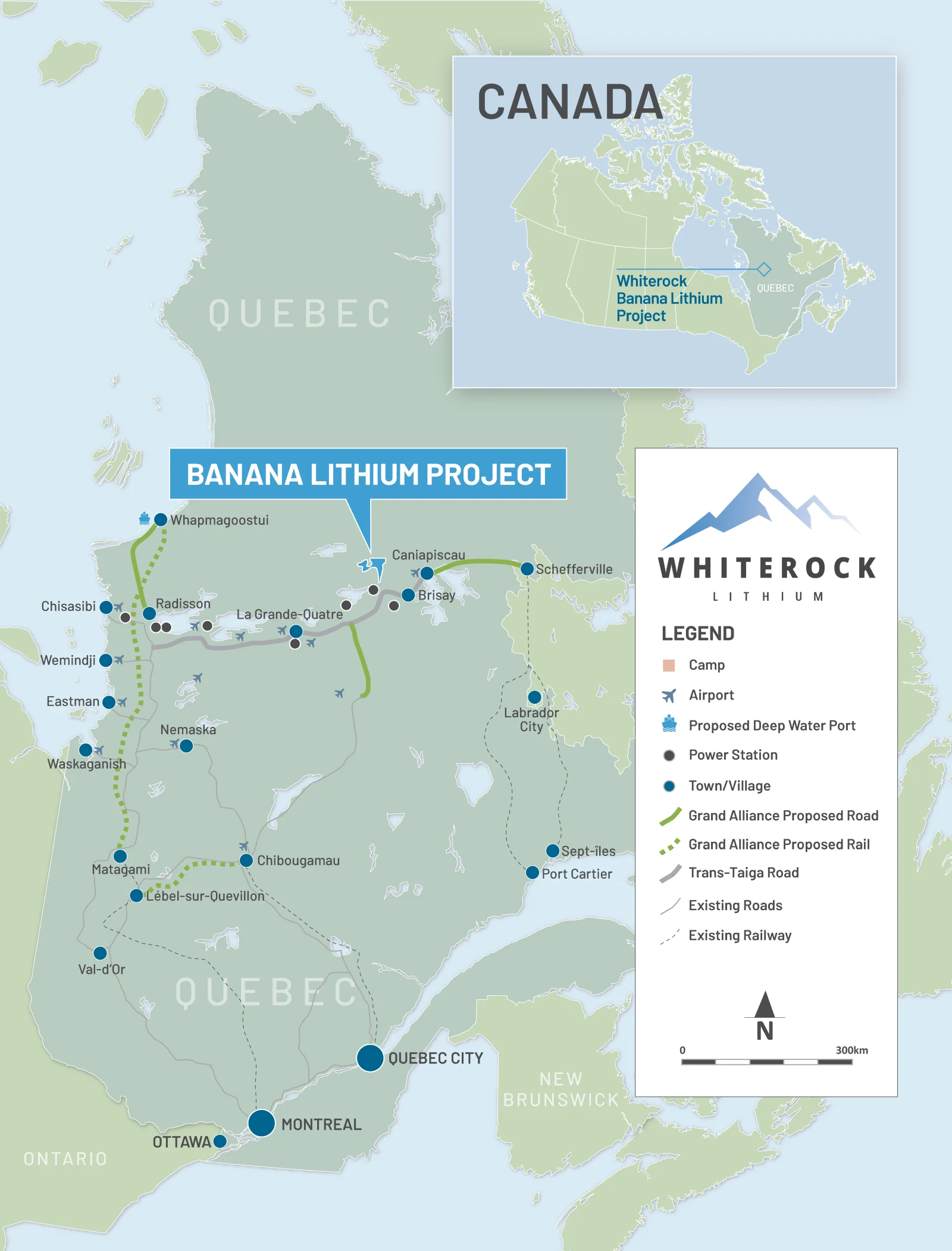Banana Lithium Project location and infrastructure map, Québec