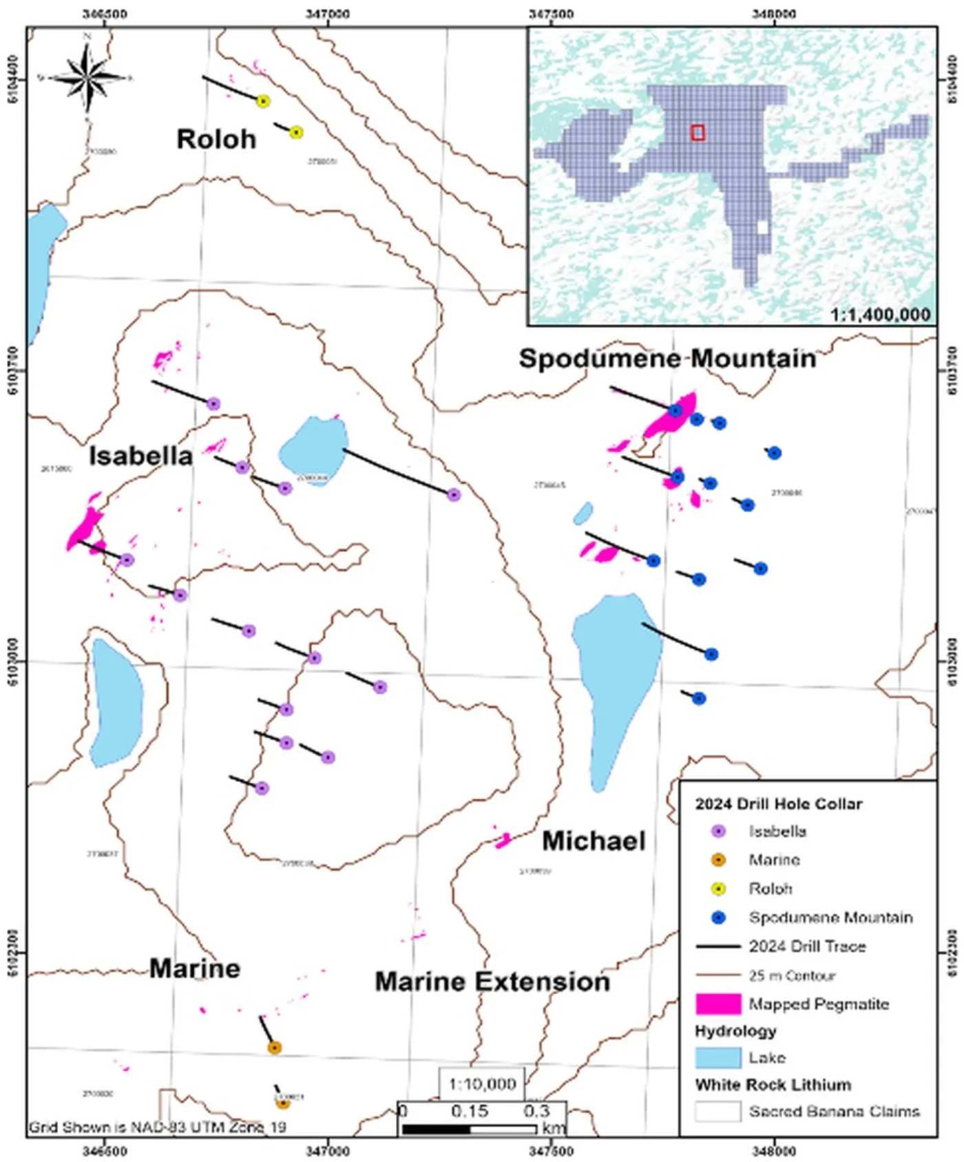 Map of the 2024 diamond drill collar locations across the Banana Lithium Project, Québec